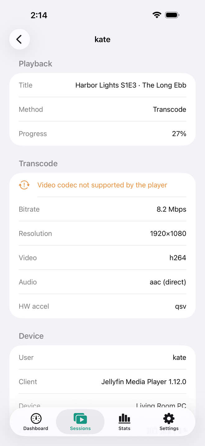 FinDeck session detail for a transcoding stream: the reason Video codec not supported by the player, 8.2 Mbps, 1920x1080, h264 video, direct aac audio and qsv hardware acceleration