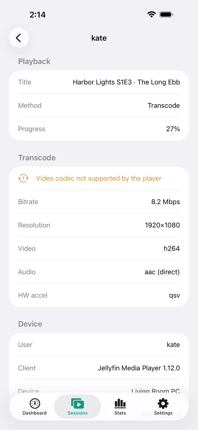 Session detail showing title, transcode method, progress, the reason video codec not supported by the player, bitrate, resolution and codecs