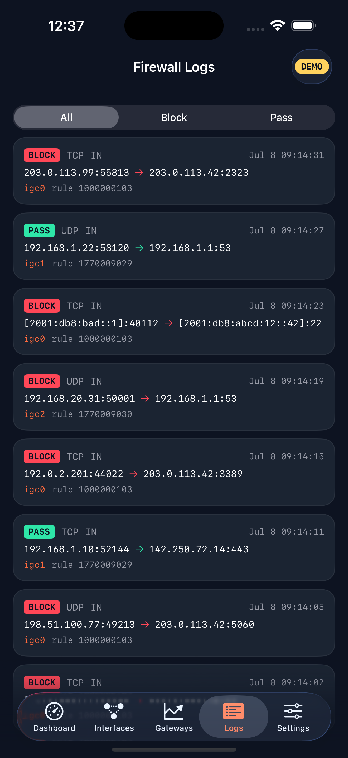 Firewall log viewer with parsed pass and block entries