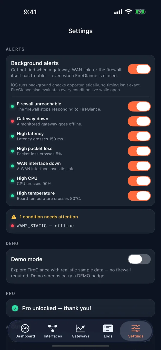 Settings screen with the background alerts switch and toggles for unreachable, gateway down, latency, packet loss, WAN link, CPU and temperature