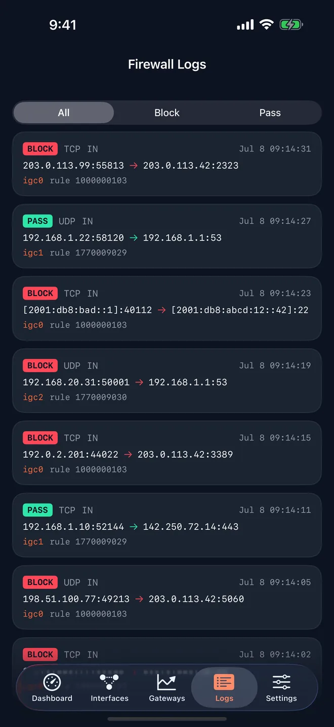 Firewall Logs screen filtered to all entries, showing block and pass rows with interface, protocol, addresses and rule