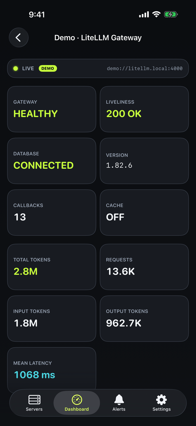 LiteLLM gateway detail showing healthy status, liveliness, database, version, and token stats