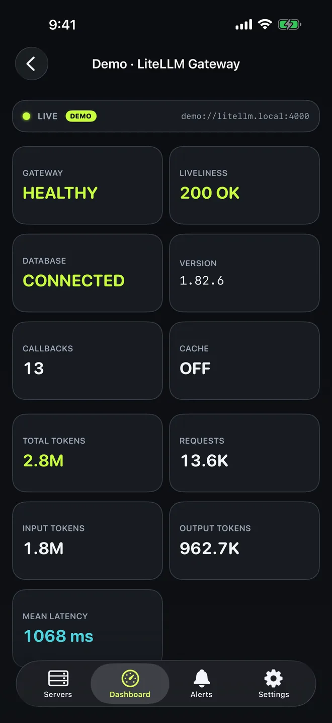 LiteLLM gateway detail showing healthy status, 200 OK liveliness, connected database, version, and token totals