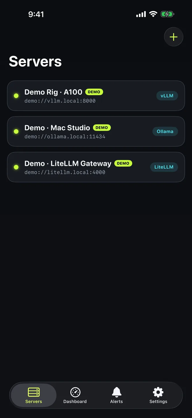 Servers tab listing a demo vLLM rig, an Ollama Mac Studio and a LiteLLM gateway