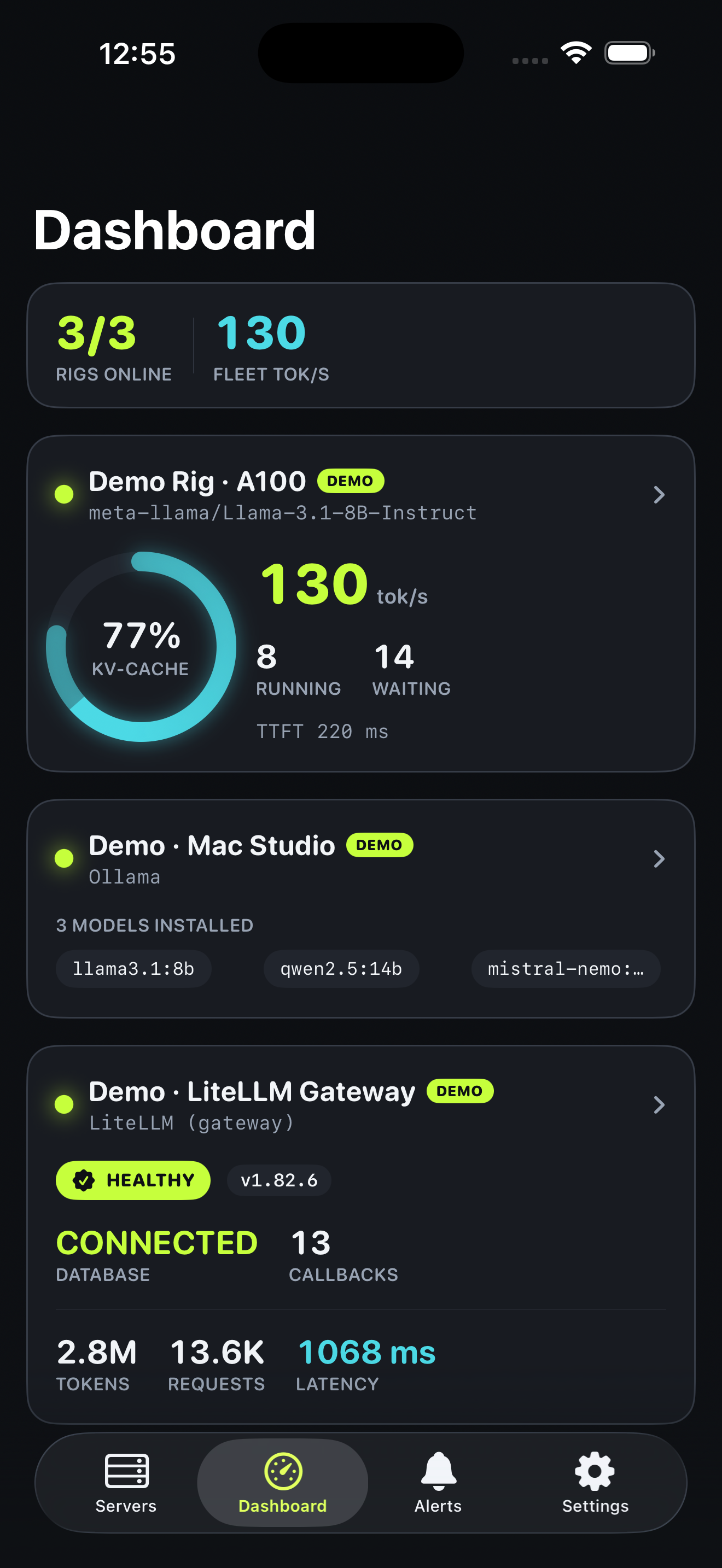 TokenWatch dashboard showing a fleet of inference servers with live tok/s and KV-cache